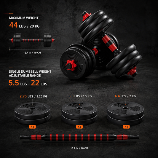 5-44lbs Adjustable Dumbbell to Barbell Set